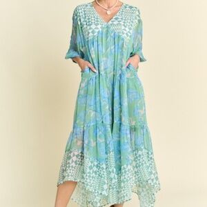 Davi & Dani Geo and Floral Print Mixed Tiered Dress
